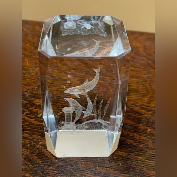 Solid Lead Crystal Laser Etched Swimming Dolphins Paperweight - Picture 11 of 16